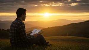 Pessoa refletindo com uma Bíblia aberta no livro de Salmos enquanto observa o nascer do sol, simbolizando esperança em momentos de crise
