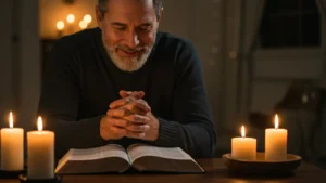 Pessoa orando Oração com fé o Salmo das Causas Impossíveis com fé diante de uma Bíblia aberta no Salmo 91, com luz suave e clima de esperança.