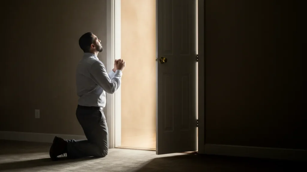 Homem orando confiante em frente a uma porta aberta simbolizando novas oportunidades profissionais