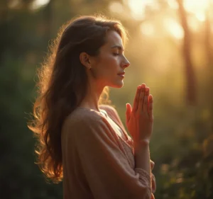 Mulher orando com serenidade para aliviar a ansiedade em 5 minuto